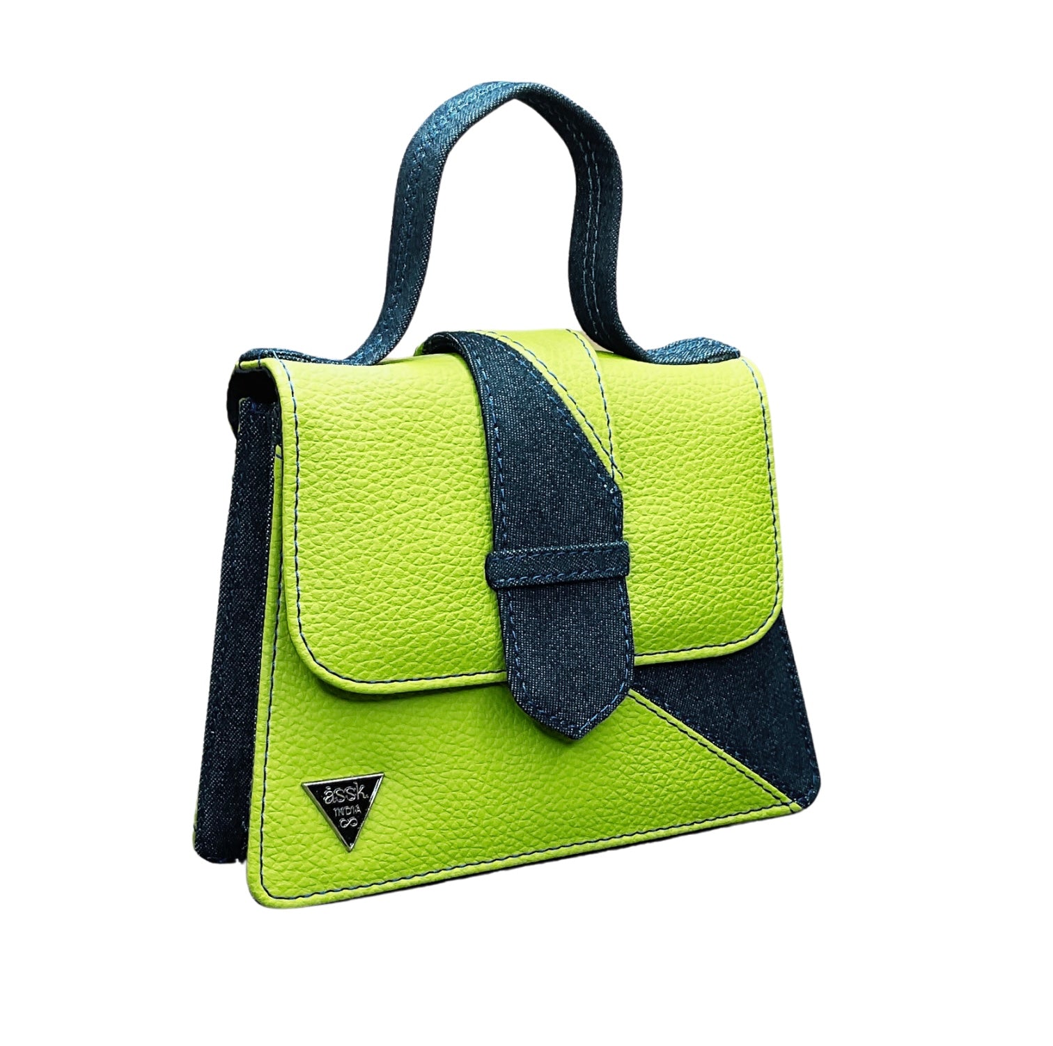 Chic Neon Green and Denim Contrast Handbag with Chain Detail - Assk-bags